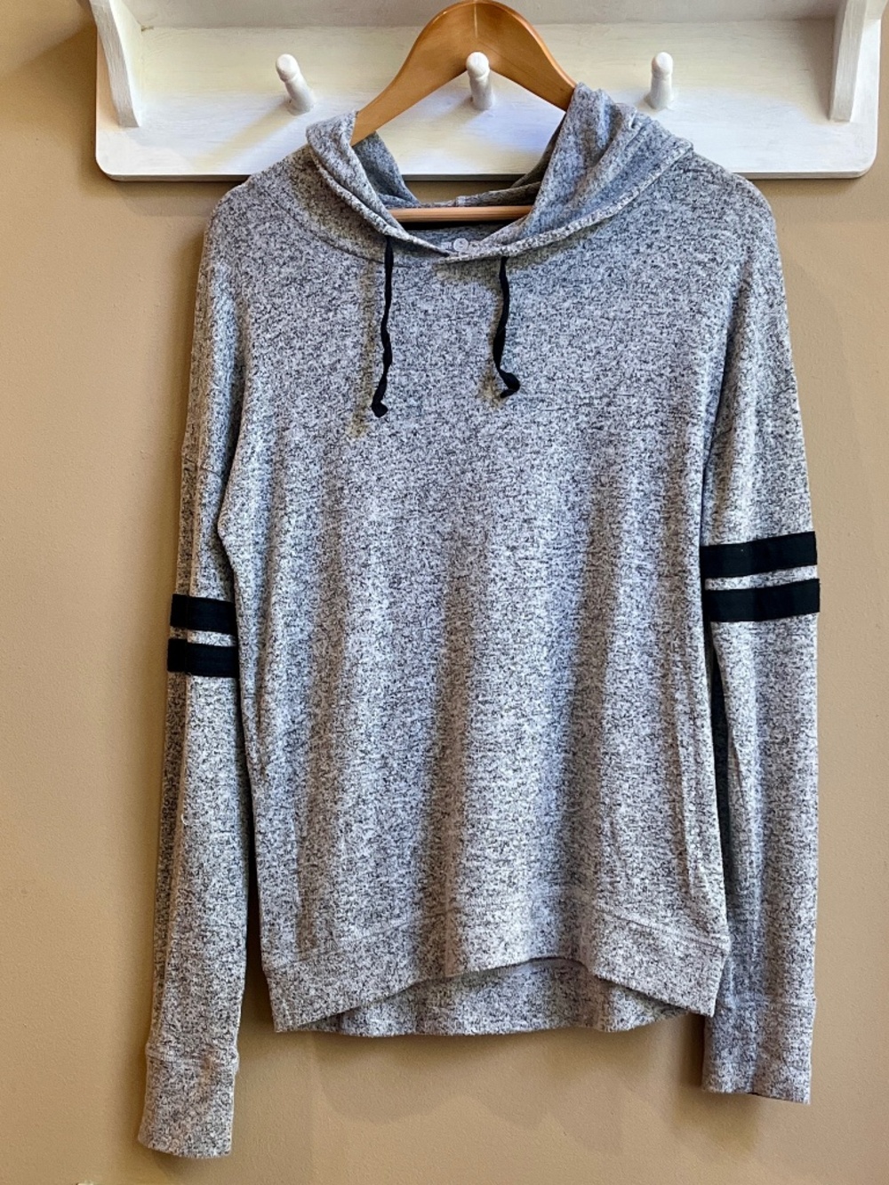 SO Perfectly Soft Cozy Heathered Gray Knit Hoodie Varsity Sleeve Stripes Size S
